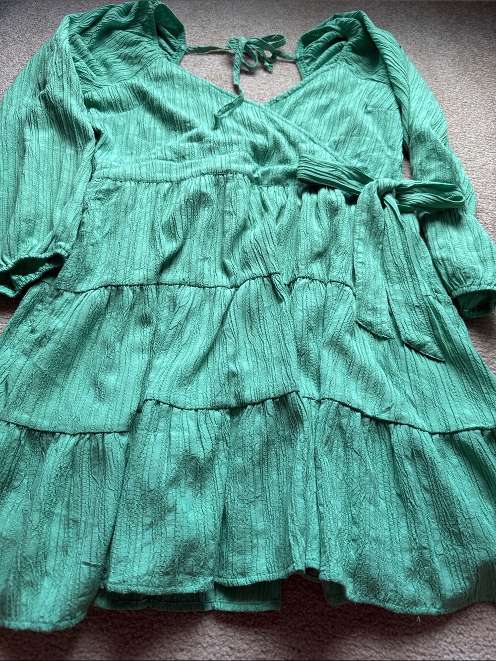 American Eagle Outfitters Emerald Green Tiered Wrap Dress with Waist Tie